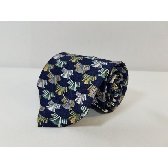 J Garcia Mens Neck tie Silk navy blue geometric abstract pattern green gray tan - Picture 6 of 7